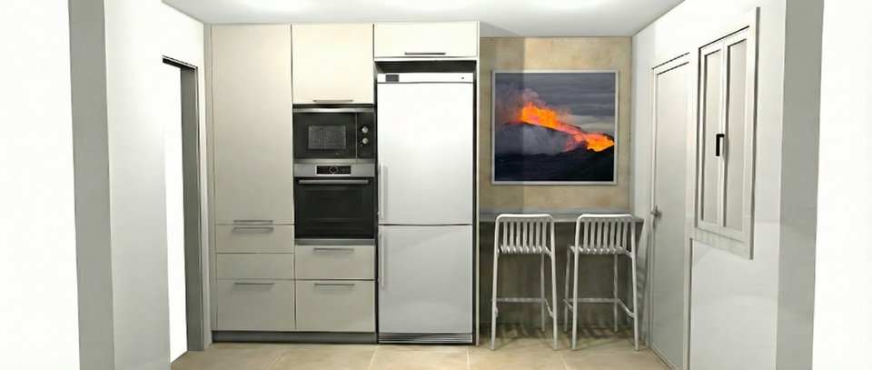 RoomLab result: white fridge, volcano painting, cohesive palette