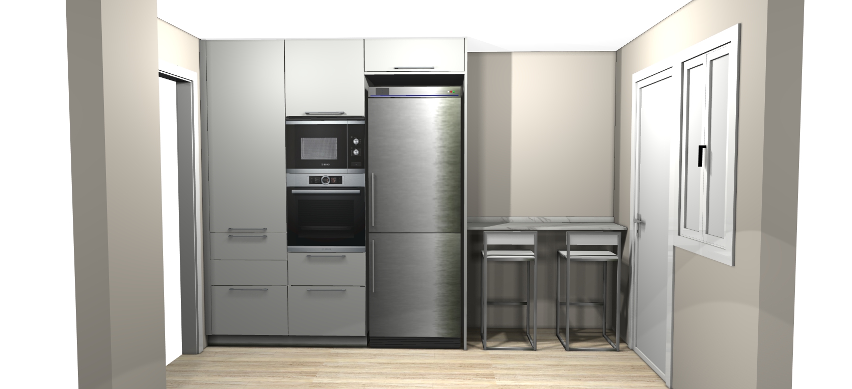 Store 3D render of the kitchen right wall with stainless steel fridge, oven, and bar area with metal stools