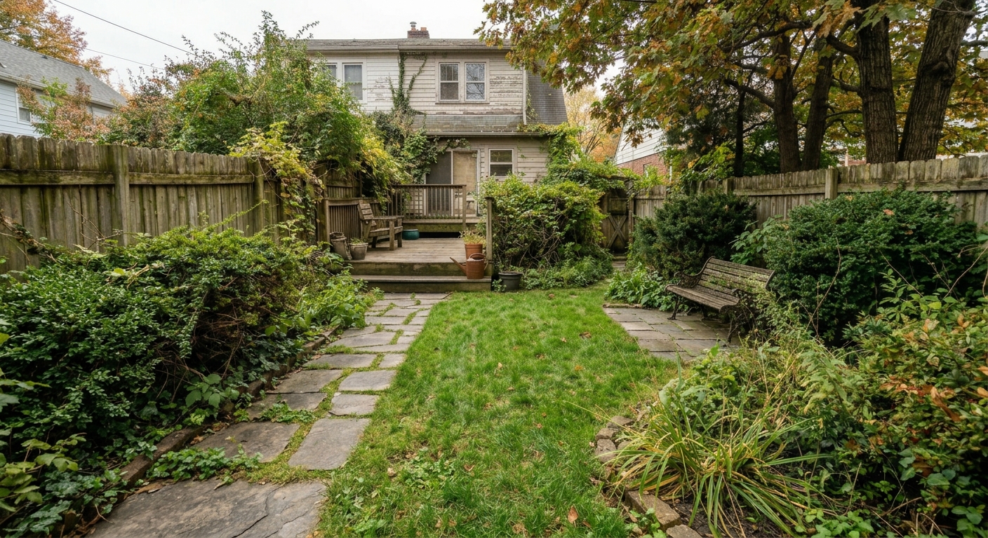 Same house with professionally landscaped tidy garden after AI cleanup