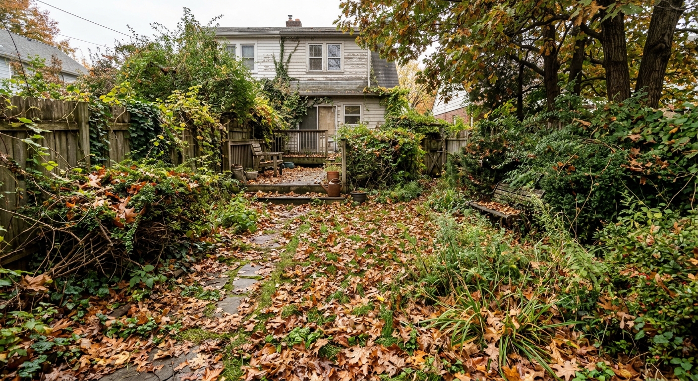 House exterior with overgrown messy garden and weeds before cleanup
