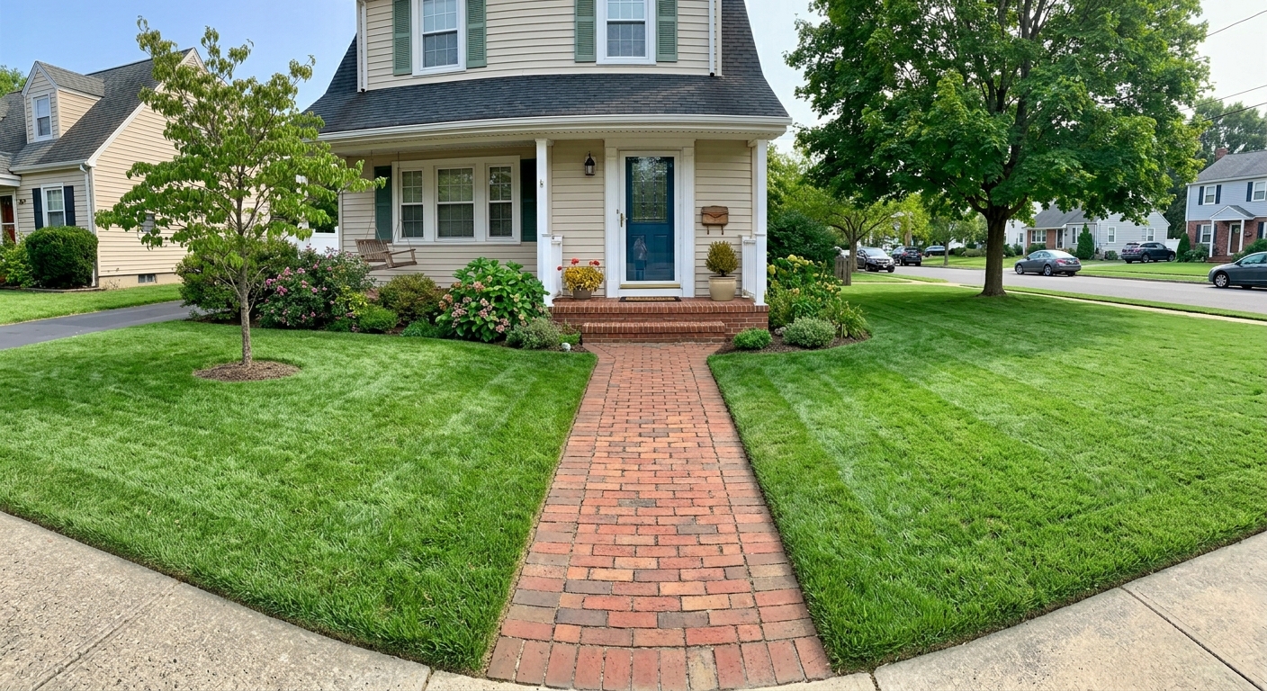 Same house with lush vibrant green lawn after AI grass enhancement
