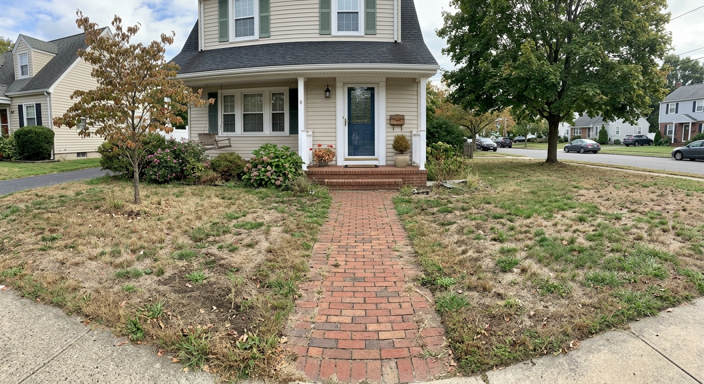House exterior with dry brown patchy lawn before AI grass restoration
