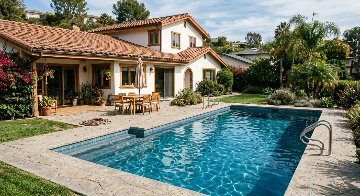 Same house with sparkling clean blue pool water after AI pool fill