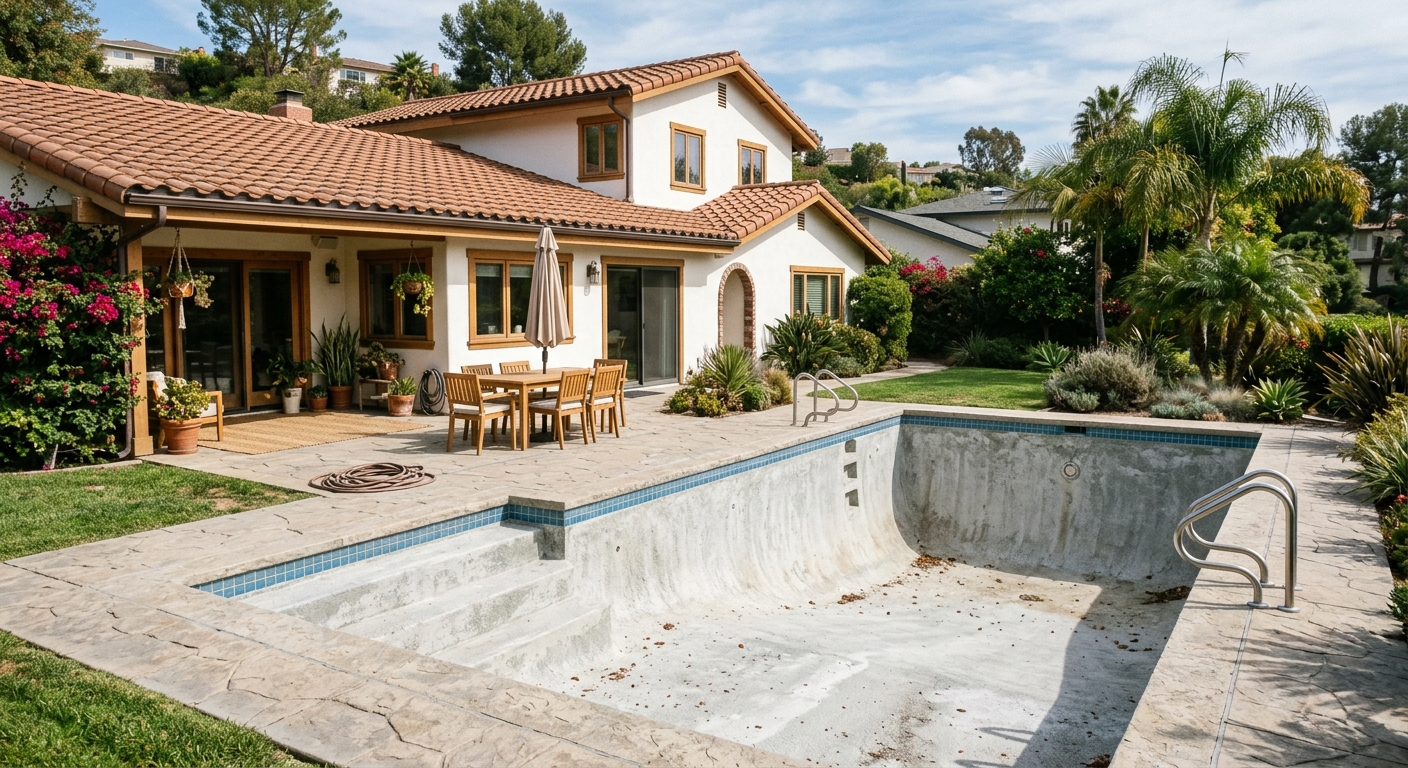 Modern house with empty drained swimming pool before AI fill