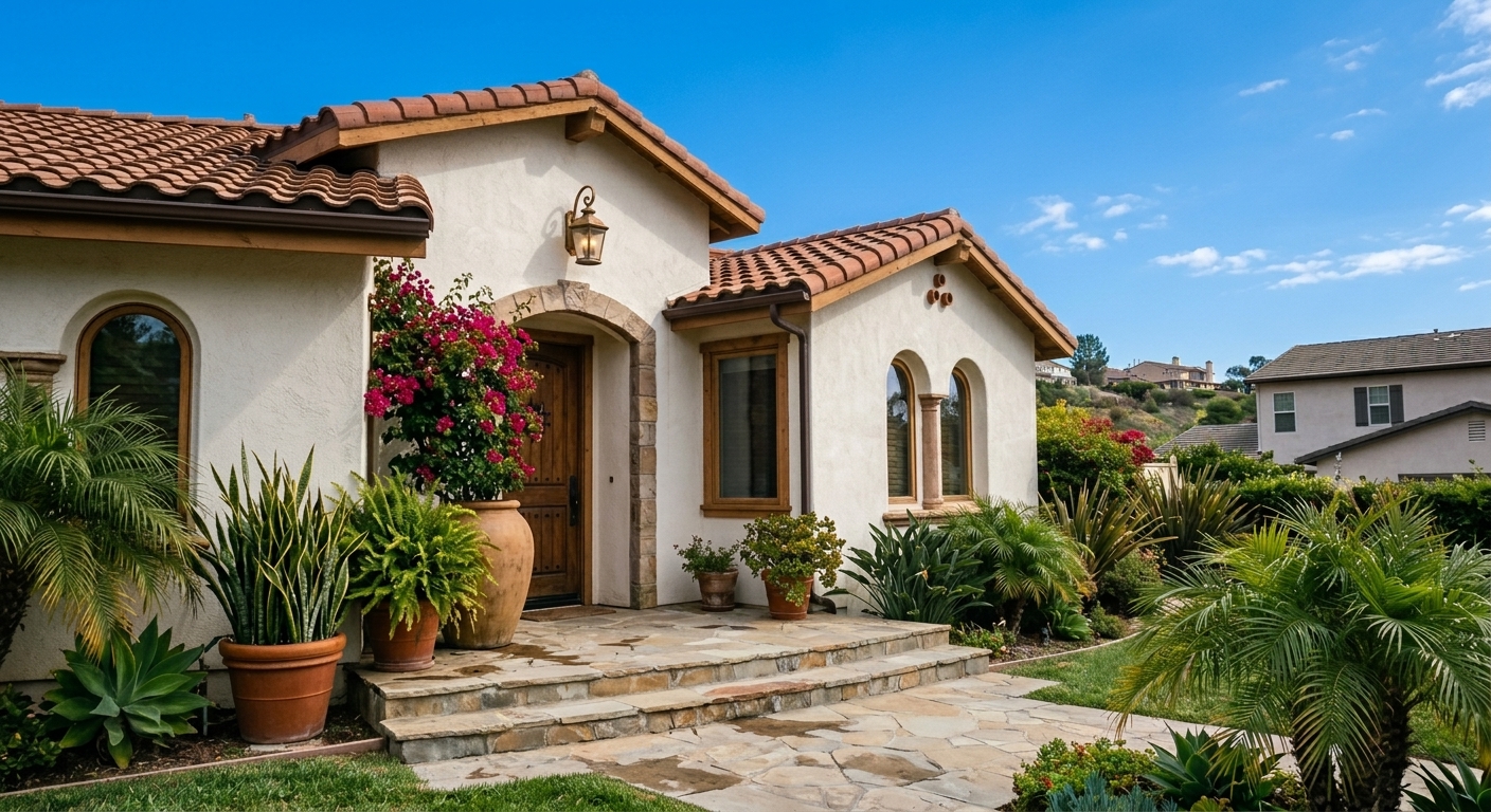 Same house exterior with clear bright blue sky after AI sky replacement