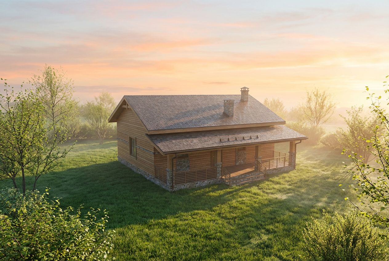 A wooden cabin in bright morning sunlight, sitting on a fresh green lawn with a clear sky and soft morning mist in the background.