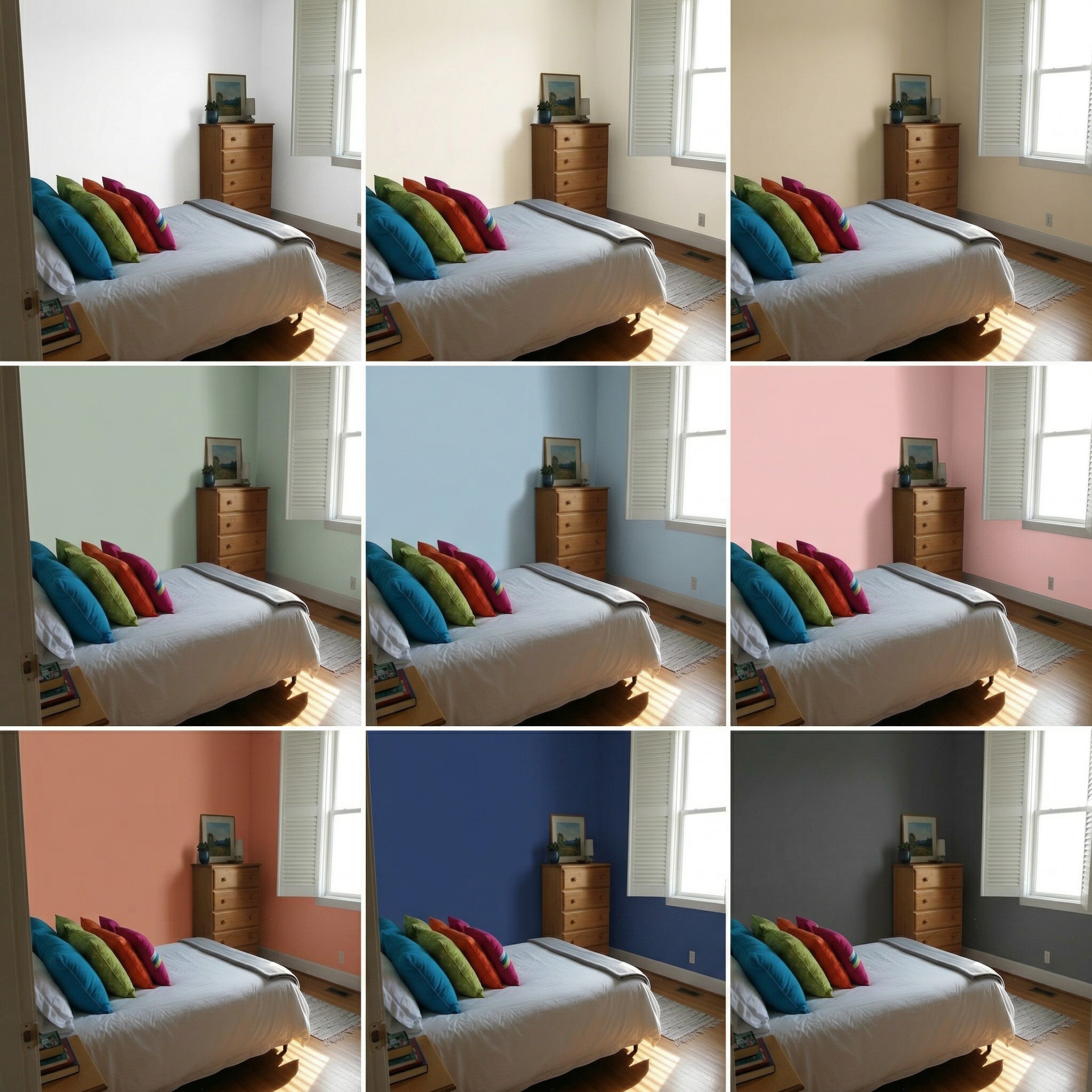 3x3 grid showing 9 wall color variations of the same bedroom