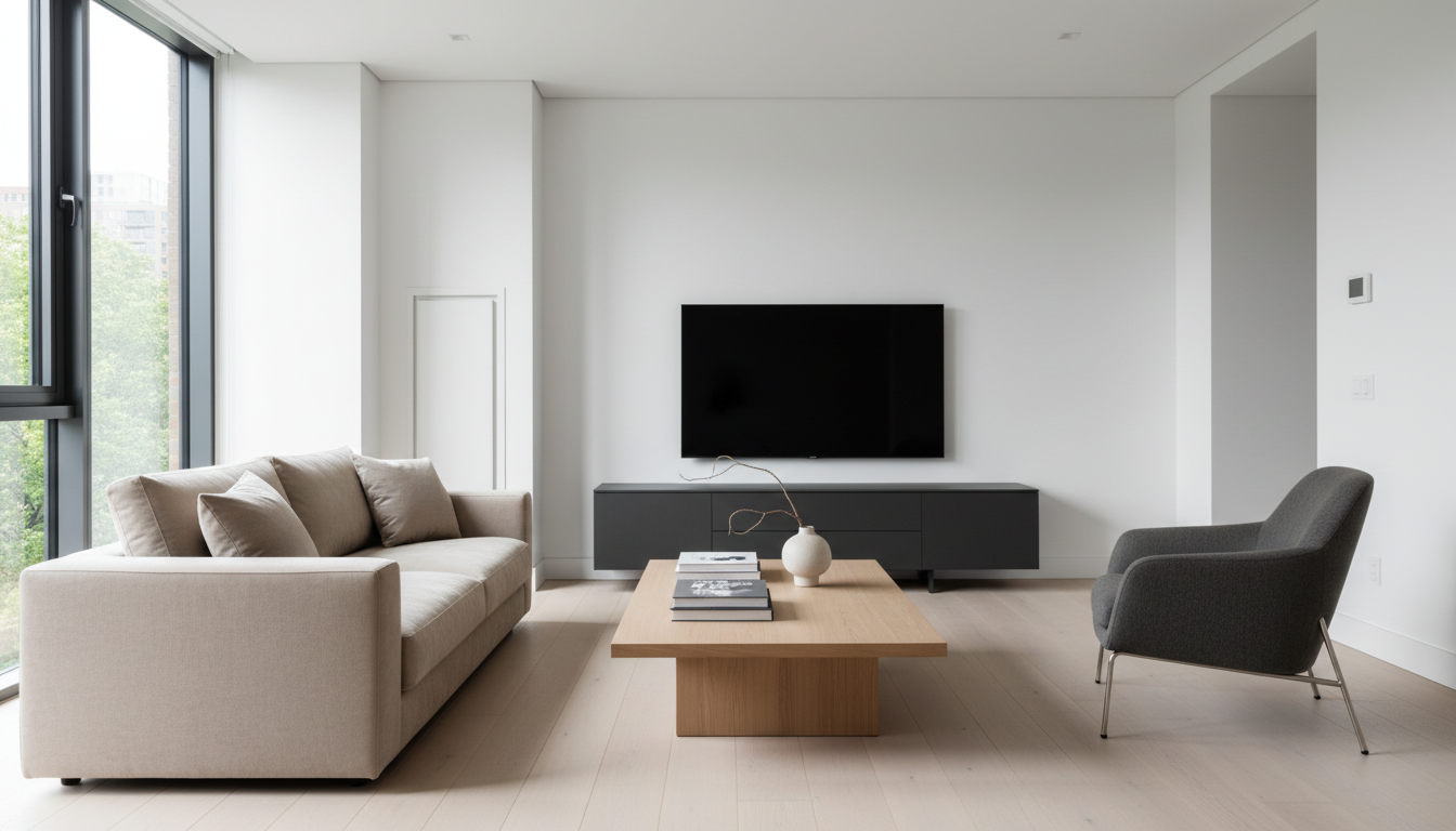 Modern minimalist living room with beige sofa, gray armchair, wooden coffee table, TV console, and large windows with natural light