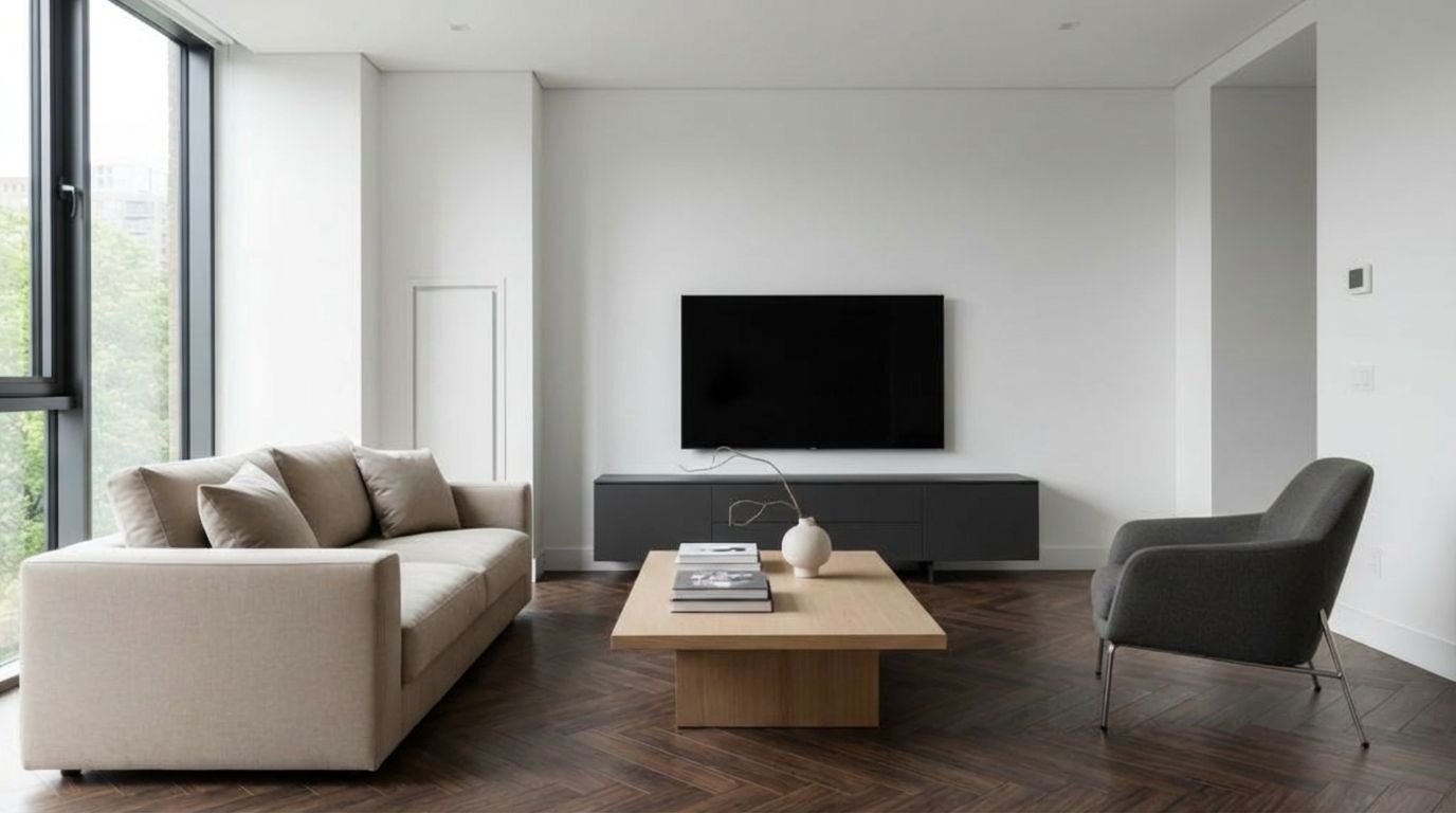 Living room with AI-replaced herringbone wood flooring