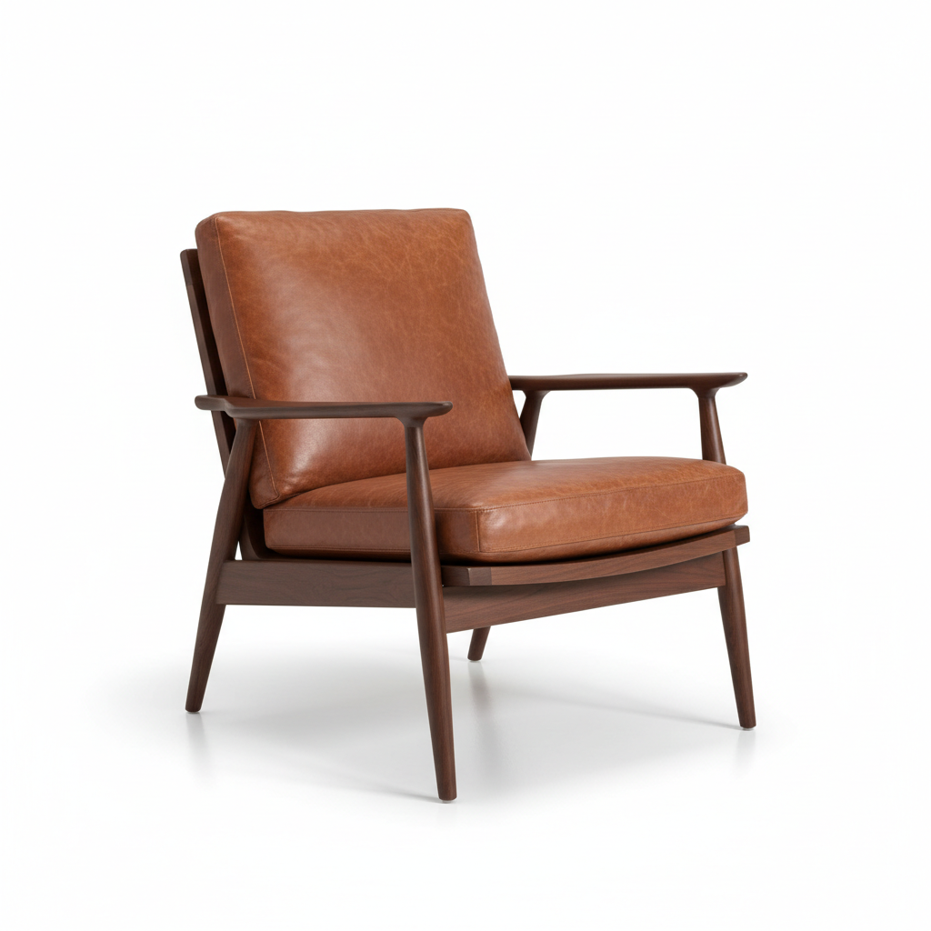 Mid-century modern cognac leather armchair with wooden frame - furniture reference for AI room visualization