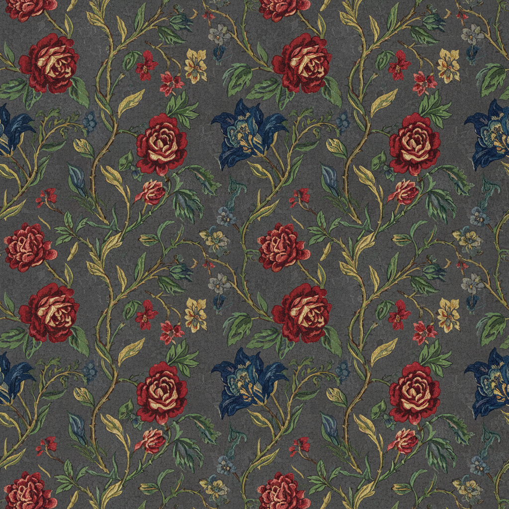 Dark floral wallpaper with vintage roses pattern - decorative wall covering reference for AI interior transformation
